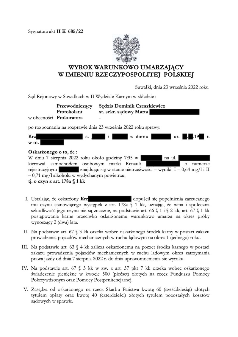 Jazda pod wpływem. Wynik 0,71 mg/l – prawie 1,5 promila. Warunkowe umorzenie i ROK zakazu prowadzeni