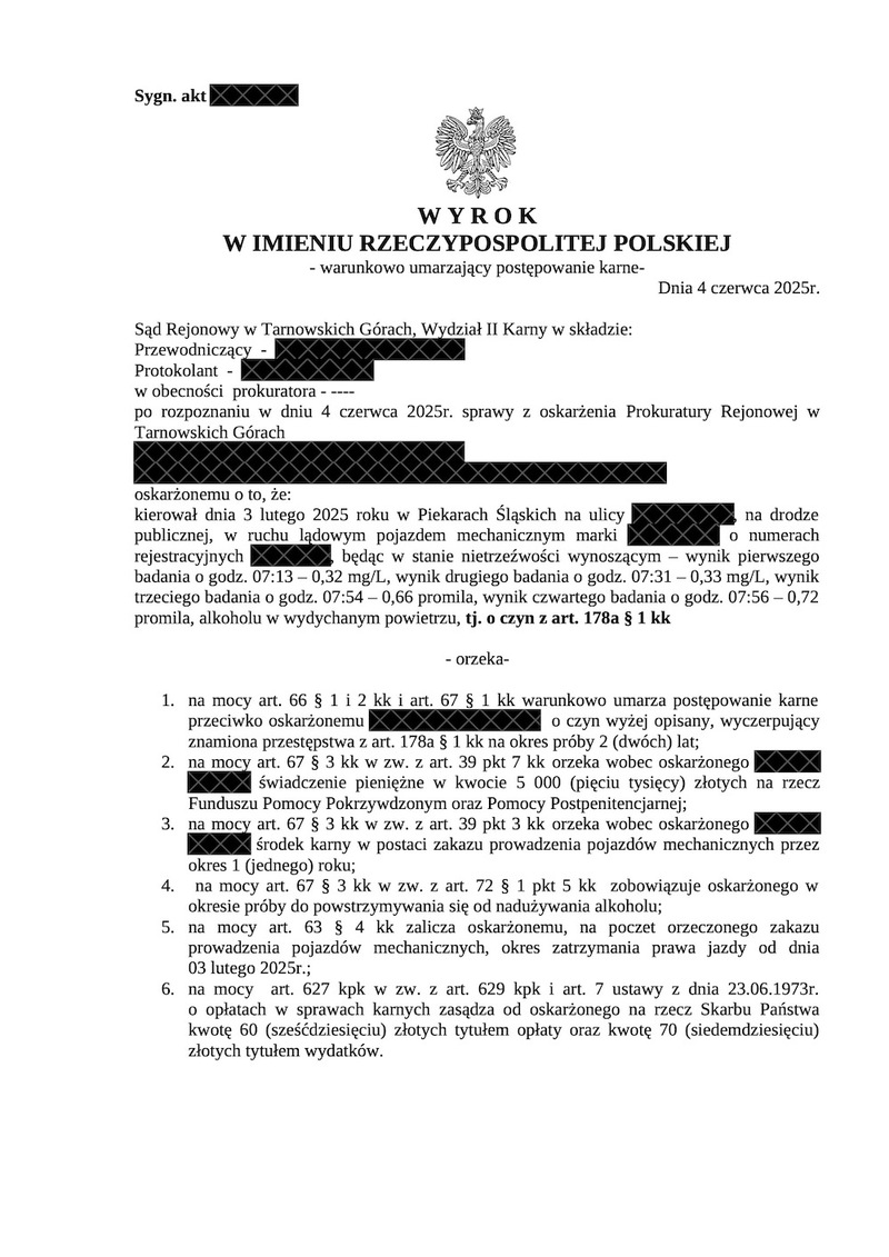 Wynik badania: 0,32 mg/dm3. Warunkowe umorzenie!