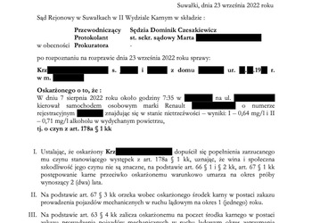 Jazda pod wpływem. Wynik 0,71 mg/l – prawie 1,5 promila. Warunkowe umorzenie i ROK zakazu prowadzeni