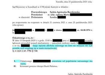 Jazda pod wpływem, wynik – 3,26 promila. Uniewinnienie.