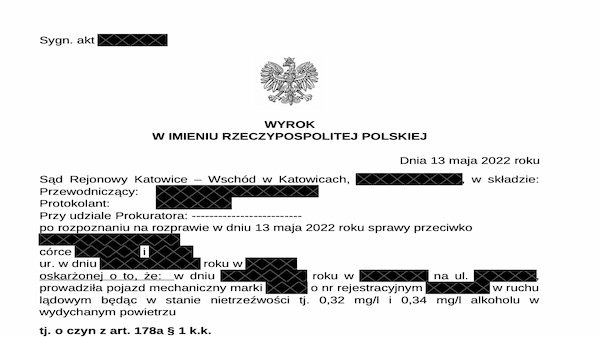 Jazda pod wpływem alkoholu. Wynik badania: 0,32 mg/dm3